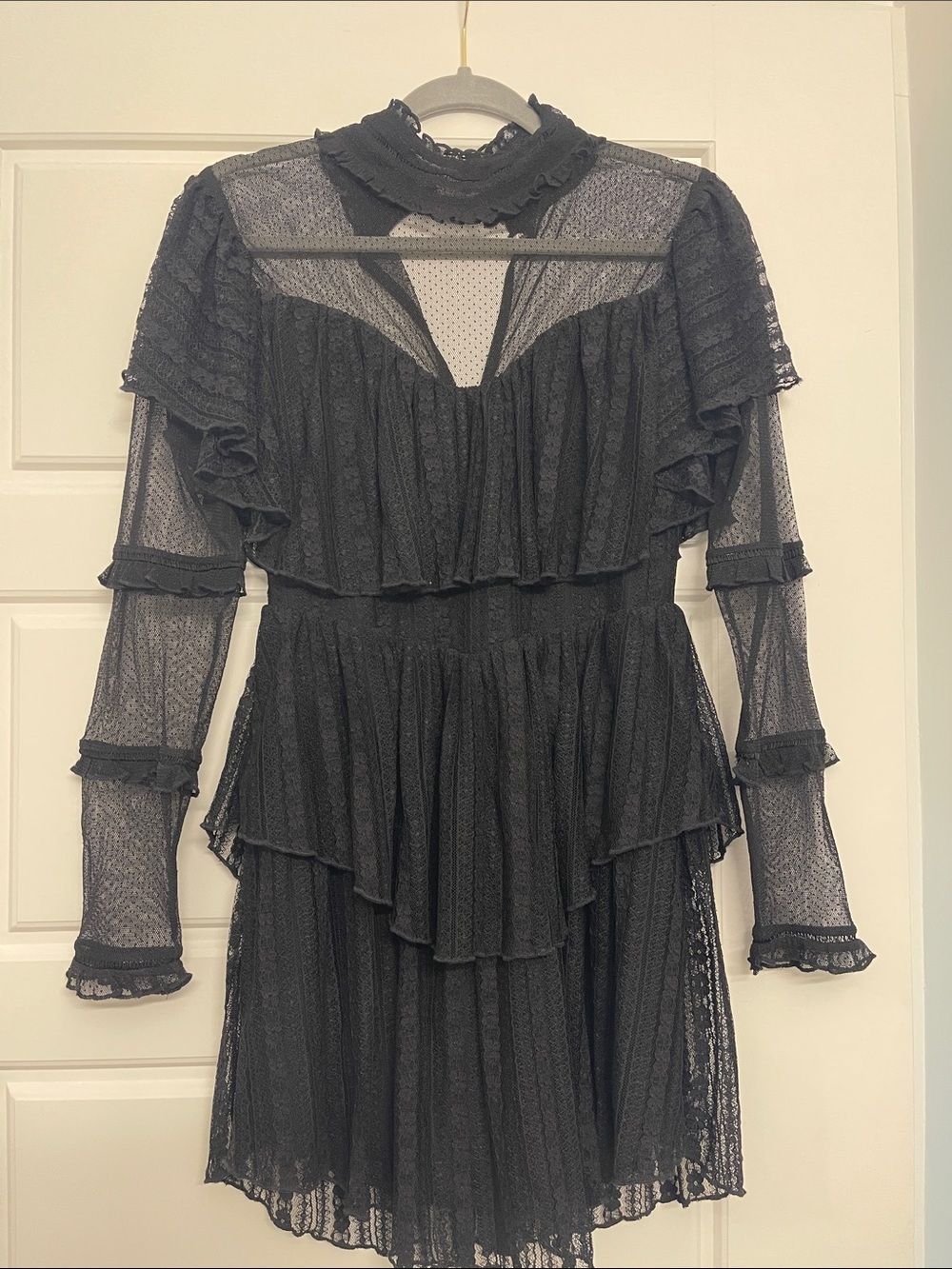 Tularosa Black Sheer Lace Ruffle Tiered Long Sleeve Dress